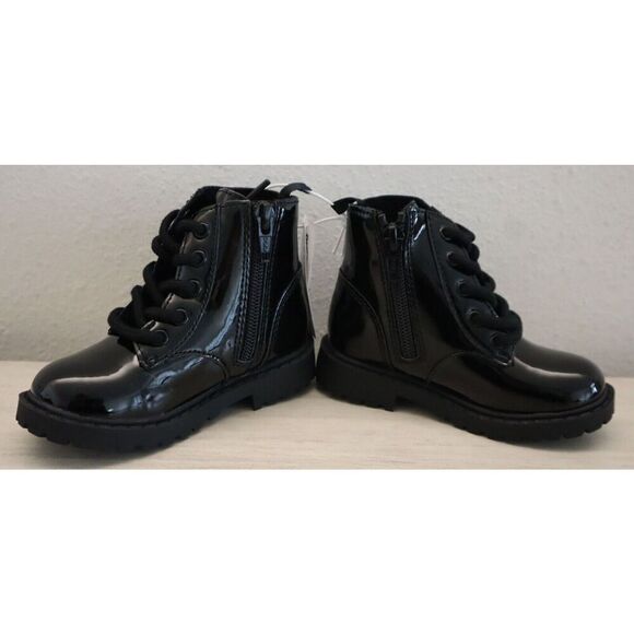 Old Navy 749932 Toddler Girl Sz 8 Black Shiny Faux-Leather Side-Zip Combat Boots - Picture 3 of 7